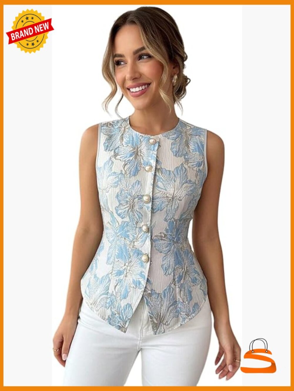 Vintage Floral Button Up Vest Tie Back Sleeveless Summer Top